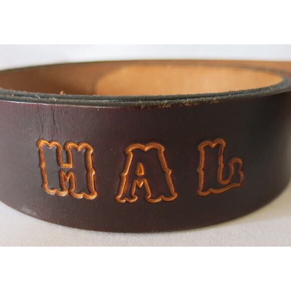Men's Leather Belt L/XL* Personalized HAL Religious Marriage Silver Buckle Brown - Picture 4 of 11